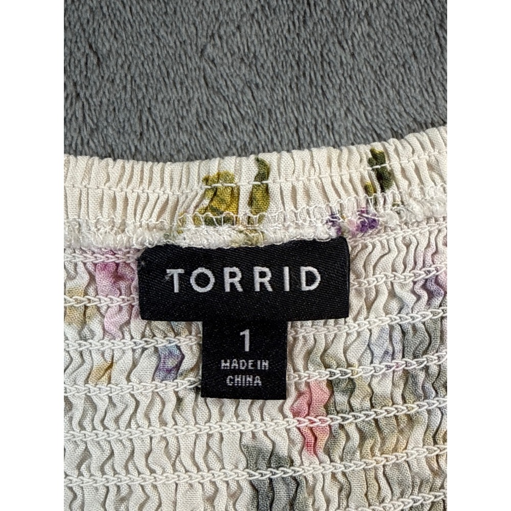 Torrid Floral Smocked Off Shoulder Bell Sleeve Mini Dress White Size 1 (XL) Boho - Picture 9 of 16